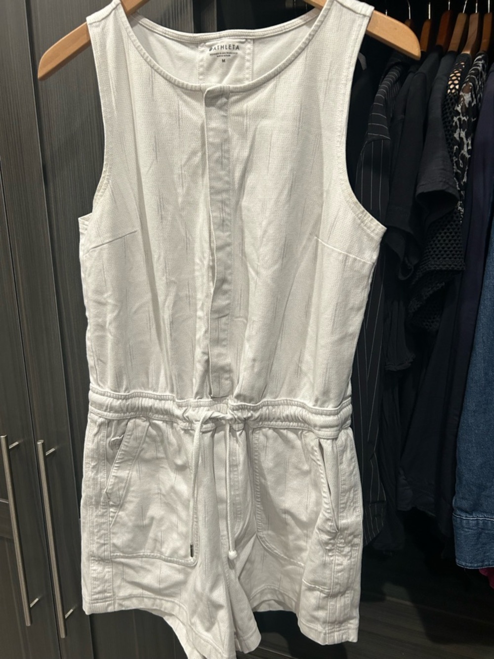 Athleta White Sleeveless Drawstring Romper with Front Pockets